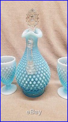 Vintage Fenton Blue Decanter + 4 Glasses Hobnail Opalescent Set