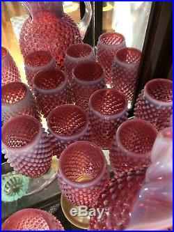 Vintage Fenton Cranberry Opalescent Hobnail Ice Pitcher Tumblers Cruet Decanter