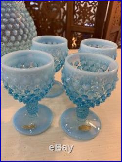Vintage Fenton Glass Blue Opalescent Hobnail Decanter & Stemware Set