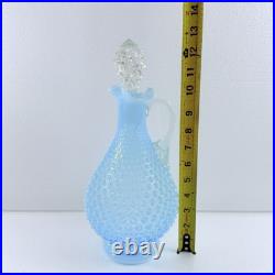 Vintage Fenton Glass Blue Opalescent Hobnail Wine Decanter Pitcher With Stopper
