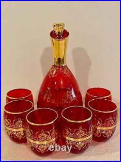 Vintage Ferro & Lazzarini Italian Murano Glass Red Gold Decanter and 6 Glasses
