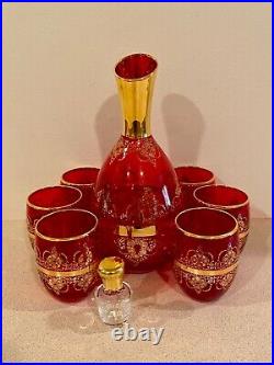 Vintage Ferro & Lazzarini Italian Murano Glass Red Gold Decanter and 6 Glasses
