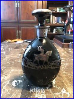 Vintage Fox Hunt / Equestrian Silver Overlay Glass Pinch Bottle Decanter