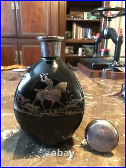 Vintage Fox Hunt / Equestrian Silver Overlay Glass Pinch Bottle Decanter
