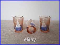 Vintage French 1930s Art Deco Peach Glass Decanter, 6 Glasses, Tray Sailboat
