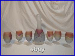 Vintage Frosted Art Glass Decanter Set 6 Stem Glasses Pink Amber Drip Studio