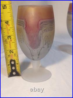 Vintage Frosted Art Glass Decanter Set 6 Stem Glasses Pink Amber Drip Studio