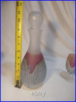 Vintage Frosted Art Glass Decanter Set 6 Stem Glasses Pink Amber Drip Studio