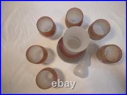 Vintage Frosted Art Glass Decanter Set 6 Stem Glasses Pink Amber Drip Studio
