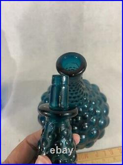 Vintage Genie Bottle Empoli Decanter Blue Green Aqua Bubble Hobnail W Stopper