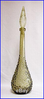 Vintage Genie Bottle Olive Green Hobnail Bubble Art Glass Tall Italian Decanter
