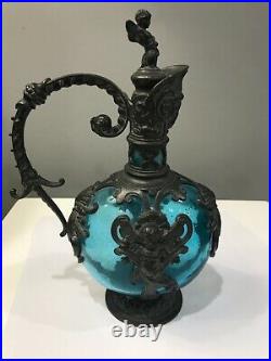 Vintage German Cherub Glass Claret Pewter Decanter Art Nouveau Blue