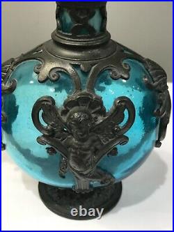 Vintage German Cherub Glass Claret Pewter Decanter Art Nouveau Blue