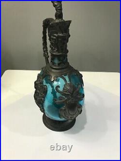Vintage German Cherub Glass Claret Pewter Decanter Art Nouveau Blue