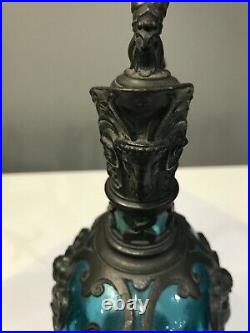 Vintage German Cherub Glass Claret Pewter Decanter Art Nouveau Blue