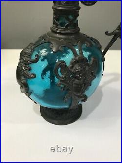 Vintage German Cherub Glass Claret Pewter Decanter Art Nouveau Blue