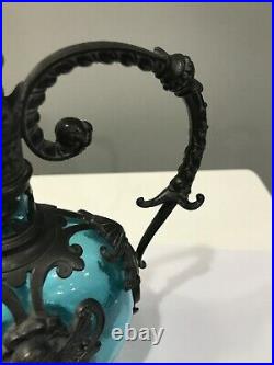 Vintage German Cherub Glass Claret Pewter Decanter Art Nouveau Blue