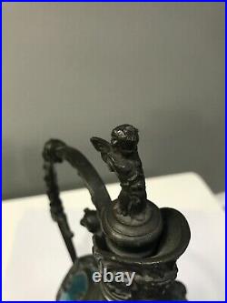 Vintage German Cherub Glass Claret Pewter Decanter Art Nouveau Blue