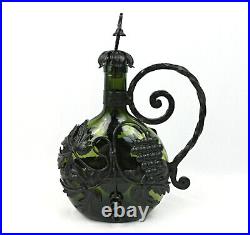 Vintage German Iron Metal Encased Wine Bottle Decanter Green Glass w Stopper