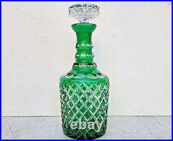 Vintage Glass Decanter Bottle Green Overlay CUT TO CLEAR Lead Crystal