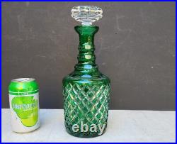 Vintage Glass Decanter Bottle Green Overlay CUT TO CLEAR Lead Crystal