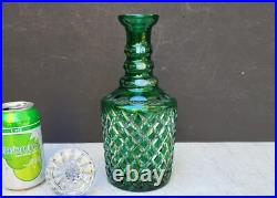 Vintage Glass Decanter Bottle Green Overlay CUT TO CLEAR Lead Crystal