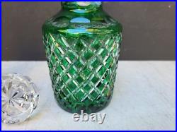Vintage Glass Decanter Bottle Green Overlay CUT TO CLEAR Lead Crystal