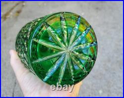 Vintage Glass Decanter Bottle Green Overlay CUT TO CLEAR Lead Crystal