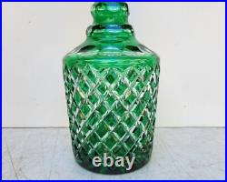 Vintage Glass Decanter Bottle Green Overlay CUT TO CLEAR Lead Crystal