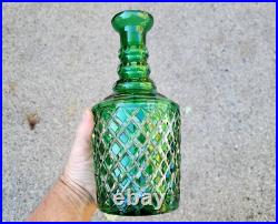 Vintage Glass Decanter Bottle Green Overlay CUT TO CLEAR Lead Crystal