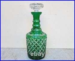 Vintage Glass Decanter Bottle Green Overlay CUT TO CLEAR Lead Crystal