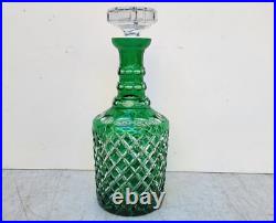 Vintage Glass Decanter Bottle Green Overlay CUT TO CLEAR Lead Crystal