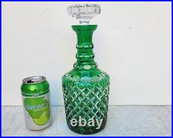 Vintage Glass Decanter Bottle Green Overlay CUT TO CLEAR Lead Crystal