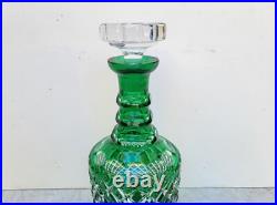 Vintage Glass Decanter Bottle Green Overlay CUT TO CLEAR Lead Crystal