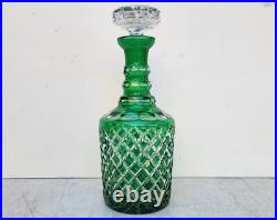 Vintage Glass Decanter Bottle Green Overlay CUT TO CLEAR Lead Crystal