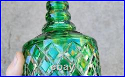 Vintage Glass Decanter Bottle Green Overlay CUT TO CLEAR Lead Crystal