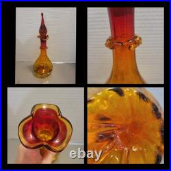 Vintage Glass Decanter Orange Red WithFlame Stopper MCM Rainbow Blenko Swirl