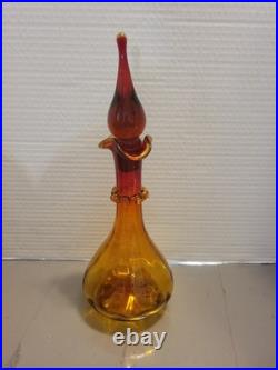 Vintage Glass Decanter Orange Red WithFlame Stopper MCM Rainbow Blenko Swirl