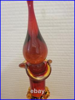 Vintage Glass Decanter Orange Red WithFlame Stopper MCM Rainbow Blenko Swirl