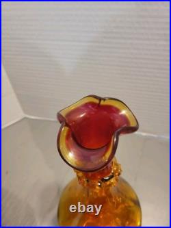 Vintage Glass Decanter Orange Red WithFlame Stopper MCM Rainbow Blenko Swirl