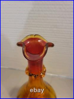 Vintage Glass Decanter Orange Red WithFlame Stopper MCM Rainbow Blenko Swirl