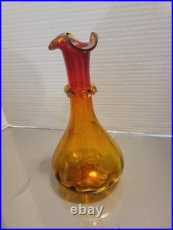 Vintage Glass Decanter Orange Red WithFlame Stopper MCM Rainbow Blenko Swirl