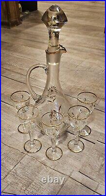 Vintage Glass Decanter Set With 5 Glasses 22k Gold Gilt Flora And Rim