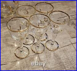 Vintage Glass Decanter Set With 5 Glasses 22k Gold Gilt Flora And Rim