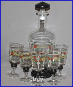 Vintage Glass Floral Motive Set 5 Goblet Decanter