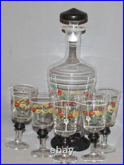 Vintage Glass Floral Motive Set 5 Goblet Decanter