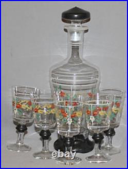 Vintage Glass Floral Motive Set 5 Goblet Decanter