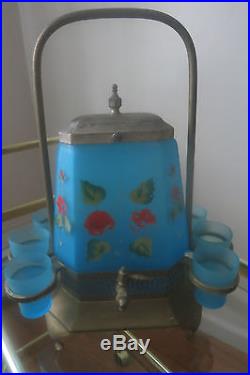 Vintage Glass Hand Painted Gold Tone Light Blue Floral Punch Dispenser Set
