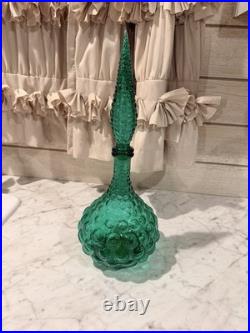 Vintage Glass Hobnail MCM Italy Squat Decanter Genie Bottle with Stopper Green