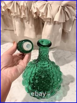 Vintage Glass Hobnail MCM Italy Squat Decanter Genie Bottle with Stopper Green